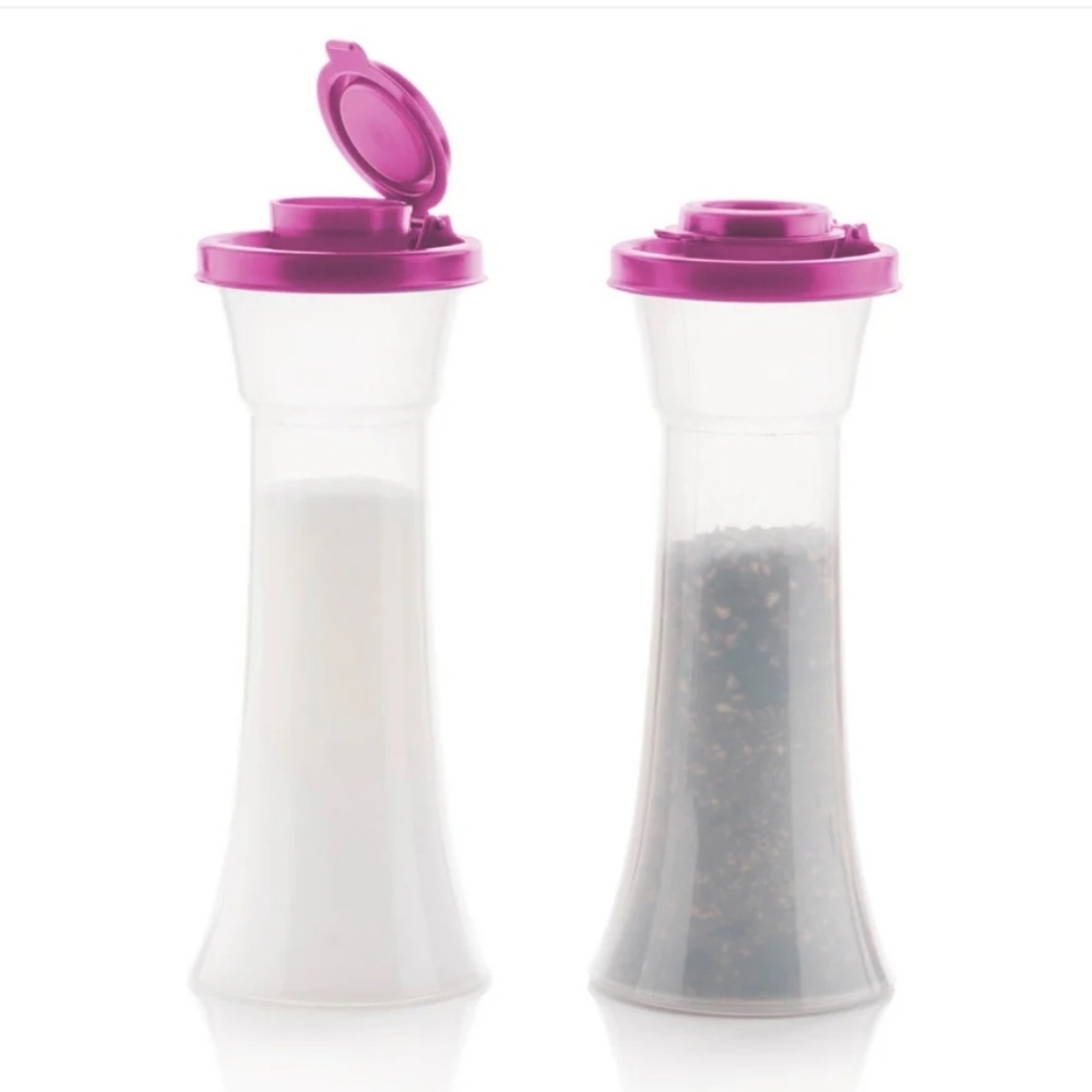 Tupperware Large Hourglass Salt and Pepper Shakers Set Purple  New
